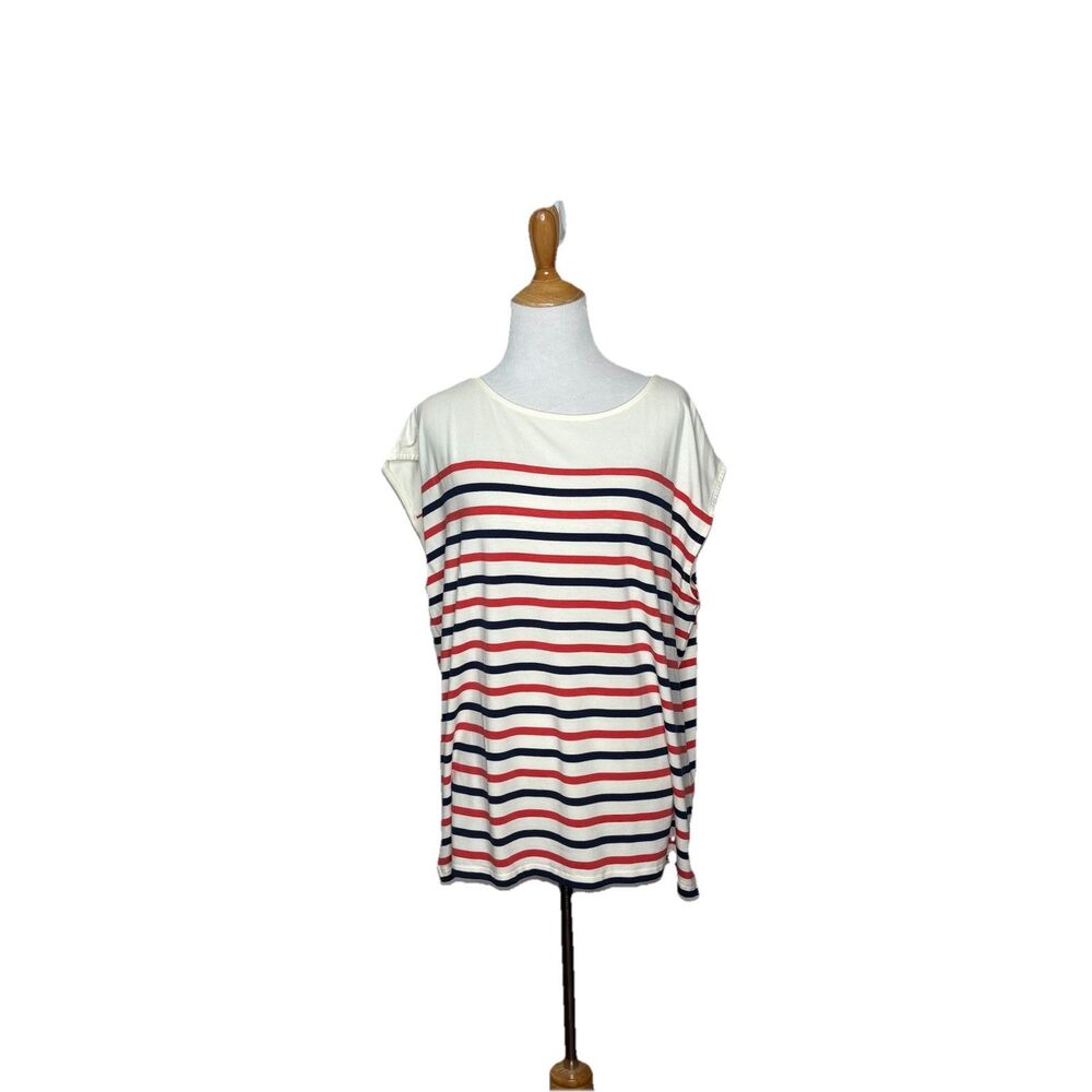 Lou & Grey Blue Red Cream Stripe Scoop Tee T-Shirt  Short Sleeve Knit Pullover M
